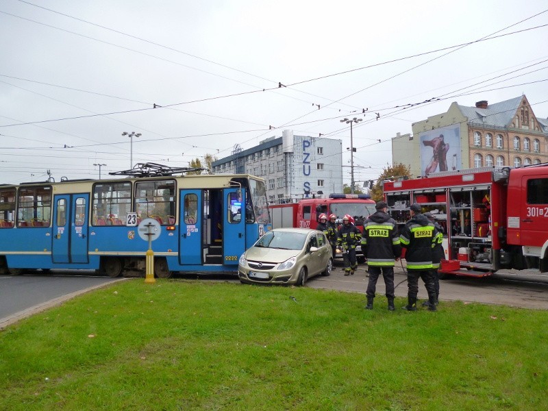 Wypadek na pl. Dominikańskim. Samochód wjechał pod tramwaj. Dwie osoby ranne (ZDJĘCIA)