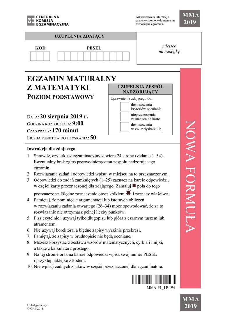 Matura poprawkowa matematyka 2019: CKE ARKUSZ, WYNIKI....