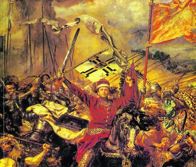 Wielki książę Witold (w czerwonym żupanie) unosi miecz w geście triumfu. Jan Matejko, "Bitwa pod Grunwaldem", słynny obraz namalowany w latach 1875-1878