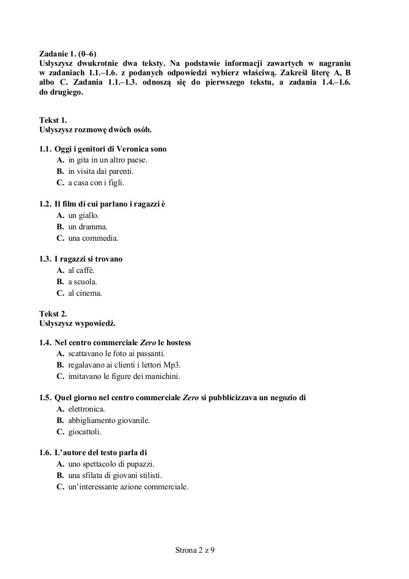 Egzamin gimnazjalny 2014. Język włoski poziom rozszerzony [ARKUSZE, ODPOWIEDZI] 