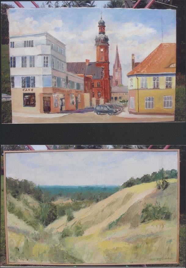 U góry obraz Andrzeja Langowskiego, a na dole Ryszardy Głowackiej. Oba przedstawiają Drezdenko.
