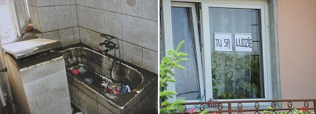 Tak wygląda łazienka w domu pani Cecylii. Zdjęcie zrobione kilka dni przed przyjściem drugiej fali powodziowej (z lewej). Po przyjściu drugiej fali powodziowej, takich karteczek z napisem "Tu są ludzie&#8221; było jeszcze więcej niż w trakcie majowej powodzi (z prawej).