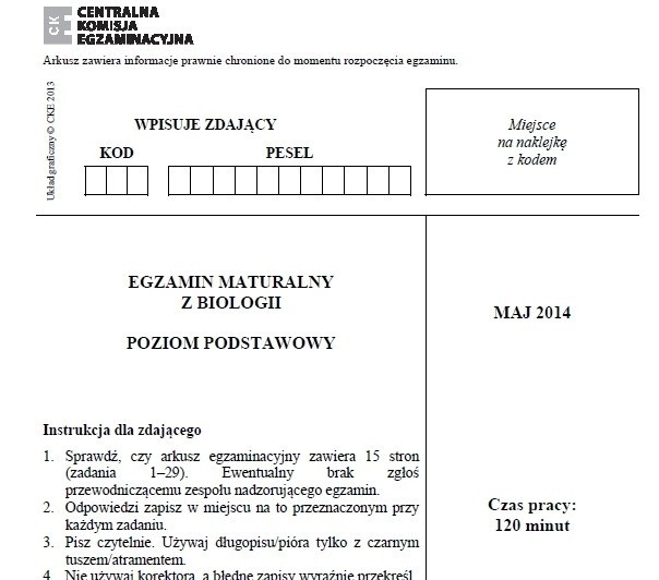 MATURA 2014 - BIOLOGIA (P. PODSTAWOWY) - ARKUSZ CKE, ZADANIA, ODPOWIEDZI