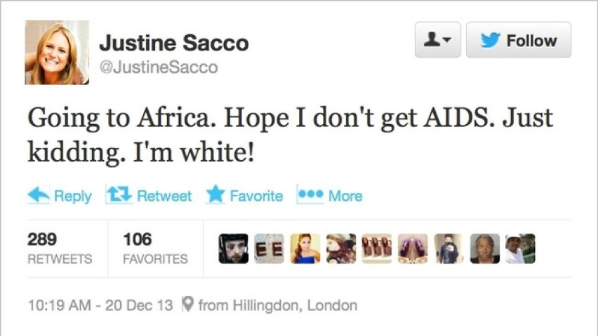 Ten tweet został wysłany przez Justine Sacco przed wylotem...