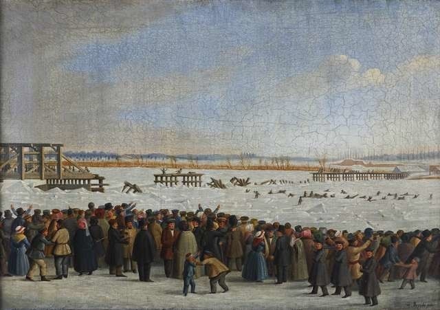 Obraz Teodora Jacobiego przedstawia zerwanie toruńskiego mostu w 1853 roku. 18 lat później groźne widowisko musiało wyglądać podobnie 