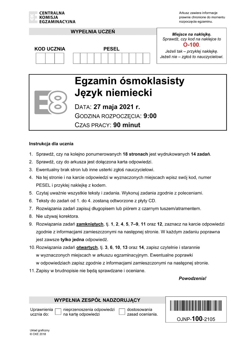 Egzamin ósmoklasisty 2021 z języka niemieckiego odbędzie się...