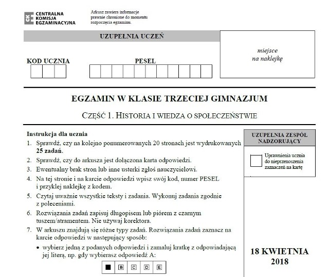 EGZAMIN GIMNAZJALNY 2018. Historia, WOS arkusze CKE i odpowiedzi. Egzamin  gimnazjalny cz. humanistyczna historia i wiedza o społeczeństwie | Dziennik  Bałtycki