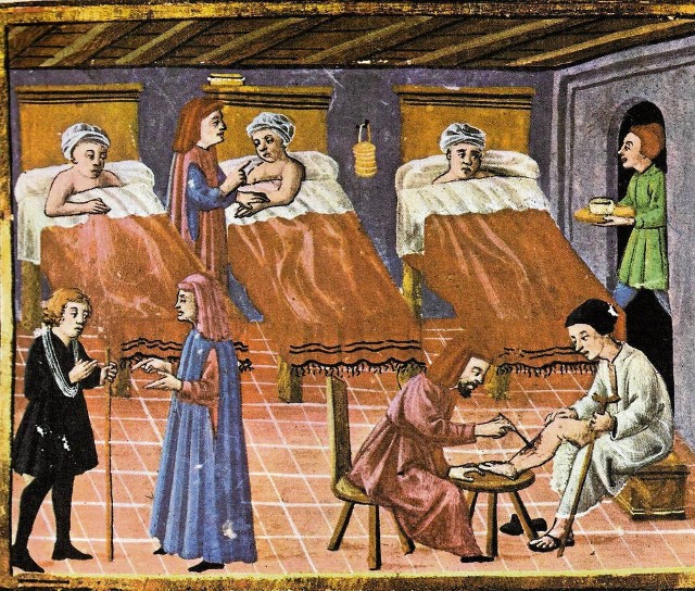 Średniowieczna rycina przedstawiająca szpitalną salę