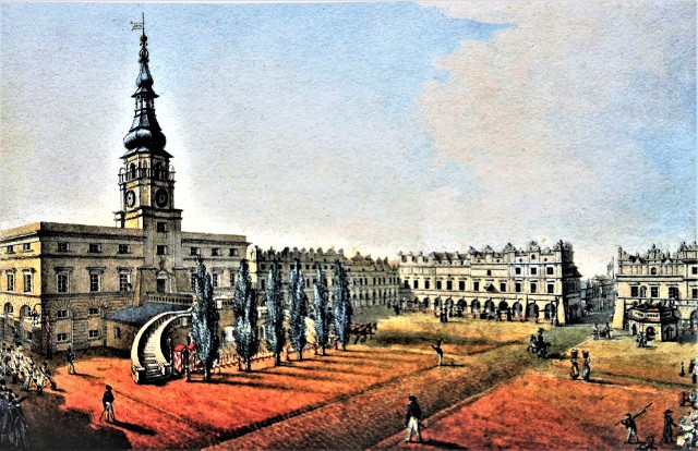 Akwarela Jana Pawła Lelewela z 1824 roku. Widać na nim zamojski Rynek Wielki. Rośnie na nim sześć smukłych topoli, które rzucają długie cienie. Dzisiaj w tym miejscu plac jest wybrukowany