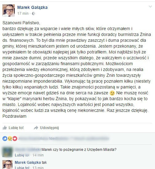 Doradca burmistrza Żnina Marek Gałązka zwolniony z pracy w urzędzie. Przyczyna? - Utrata zaufania 