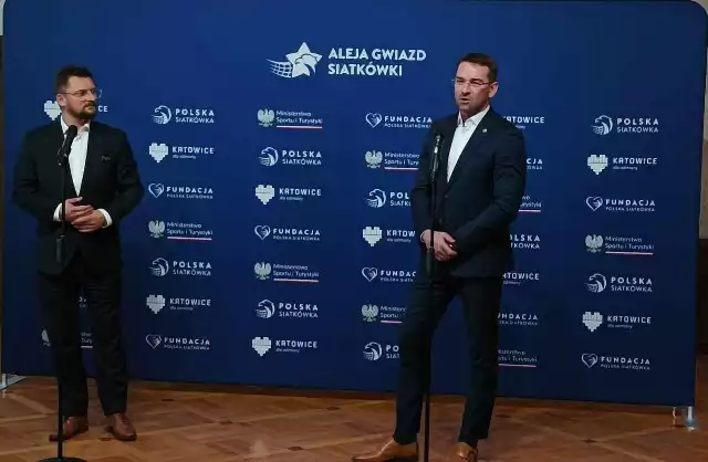 21.03.2024 r. Prezydent Katowic Marcin Krupa i prezes PZPS Sebastian Świderski podczas konferencji prasowej.