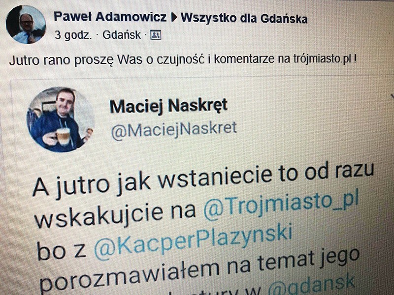 Czy Paweł Adamowicz zachęca do trollowania pod rozmową ze swoim politycznym konkurentem, Kacprem Płażyńskim? Zdaniem miasta: nie.