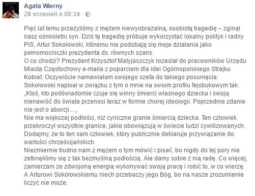 Radny PiS w Częstochowie pomówił organizatorkę czarnego poniedziałku ws. śmierci dziecka