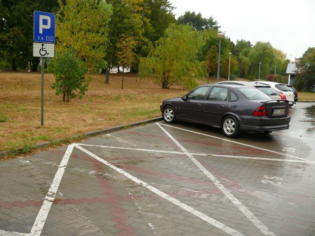 Znak parkowania dla inwalidy w sąsiedztwie biurowca Metalowiec.
