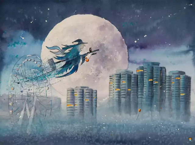 Ilustracja Grzegorza Chudego do opowiadania o heksie, czyli czarownicy, która na Śląsku nie tylko na miotle potrafiła latać, ale też na zwykłym kiju, a często na beczkach po kapuście czy piwie.