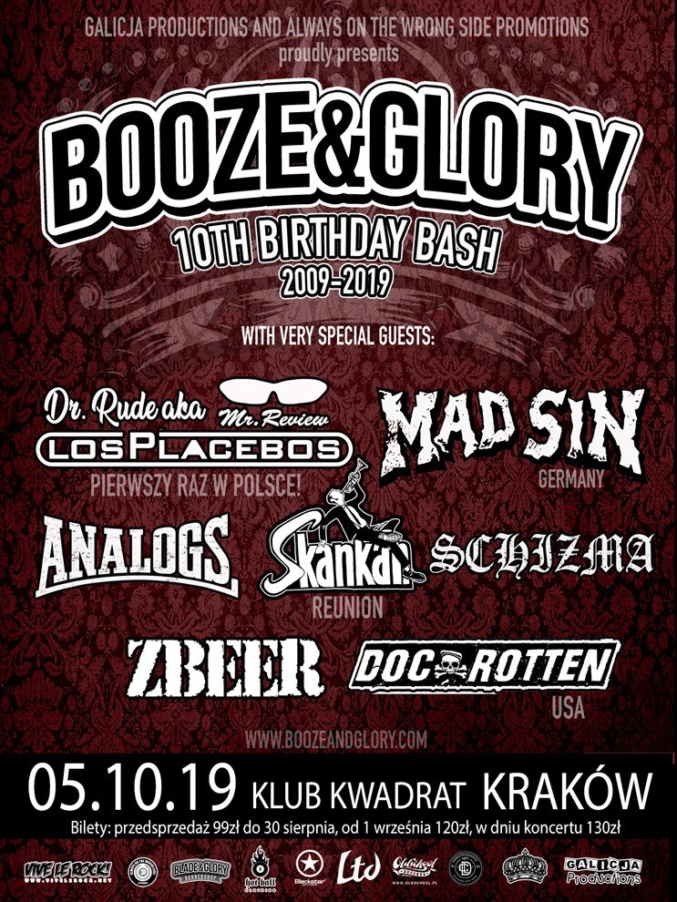 Zespół Booze & Glory zagra w Krakowie, gdzie będzie świętować swoje 10-lecie