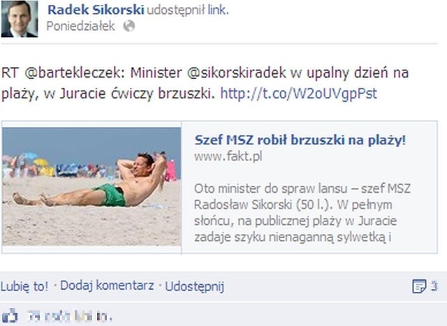 Min. Sikorski z właściwą sobie swadą obrócił bulwarowy news w żart na Facebooku.