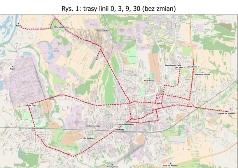 Proponowy w projekcie przebieg tras linii 0, 3, 9 i 30