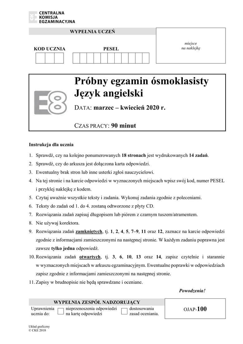 Egzamin próbny ósmoklasisty 2020 - angielski. Test z wybranego języka obcego 1.04.2020. Gdzie pobrać arkusze CKE? Kiedy będą wyniki?