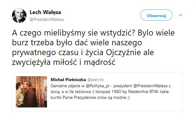 Lech Wałęsa na intymnym zdjęciu z żoną. "A czego mielibyśmy się wstydzić?"