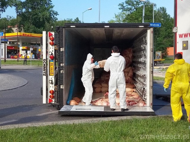 W środę, 29 maja, po godz. 7.00 na rondzie Obrońców Westerplatte w Rudzie Śląskiej doszło do nietypowego zdarzenia. Z niewyjaśnionych dotąd przyczyn, na drodze przewróciła się ciężarówka załadowana mięsem.Akcja przeładunku mięsa i stawianie ciężarówki na koła trwała do nocy.