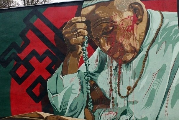 Mural z wizerunkiem Jana Pawła II powstał w 2022 r. na wrocławskim Ostrowie Tumskim