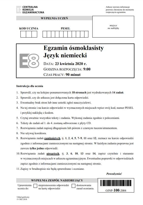 Egzamin ósmoklasisty 2020 - język niemiecki. Odpowiedzi i arkusze CKE