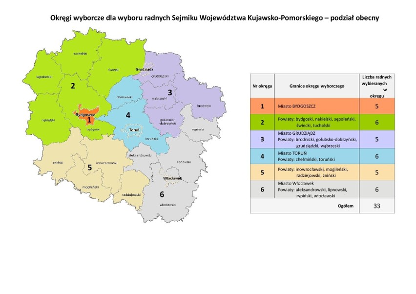 Obecny podział województwa kujawsko-pomorskiego na okręgi...
