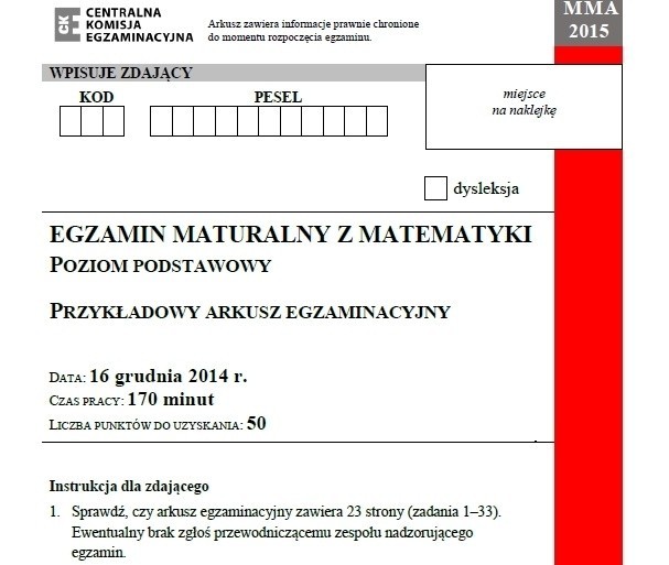 Próbna matura 2014/2015 z CKE z matematyki, 16.12.2014