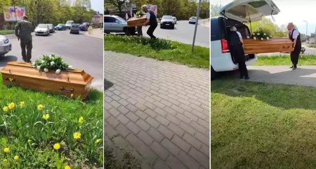 Trumna wypadła z karawanu prosto na ulicę w Golubiu-Dobrzyniu, 24 kwietnia br.