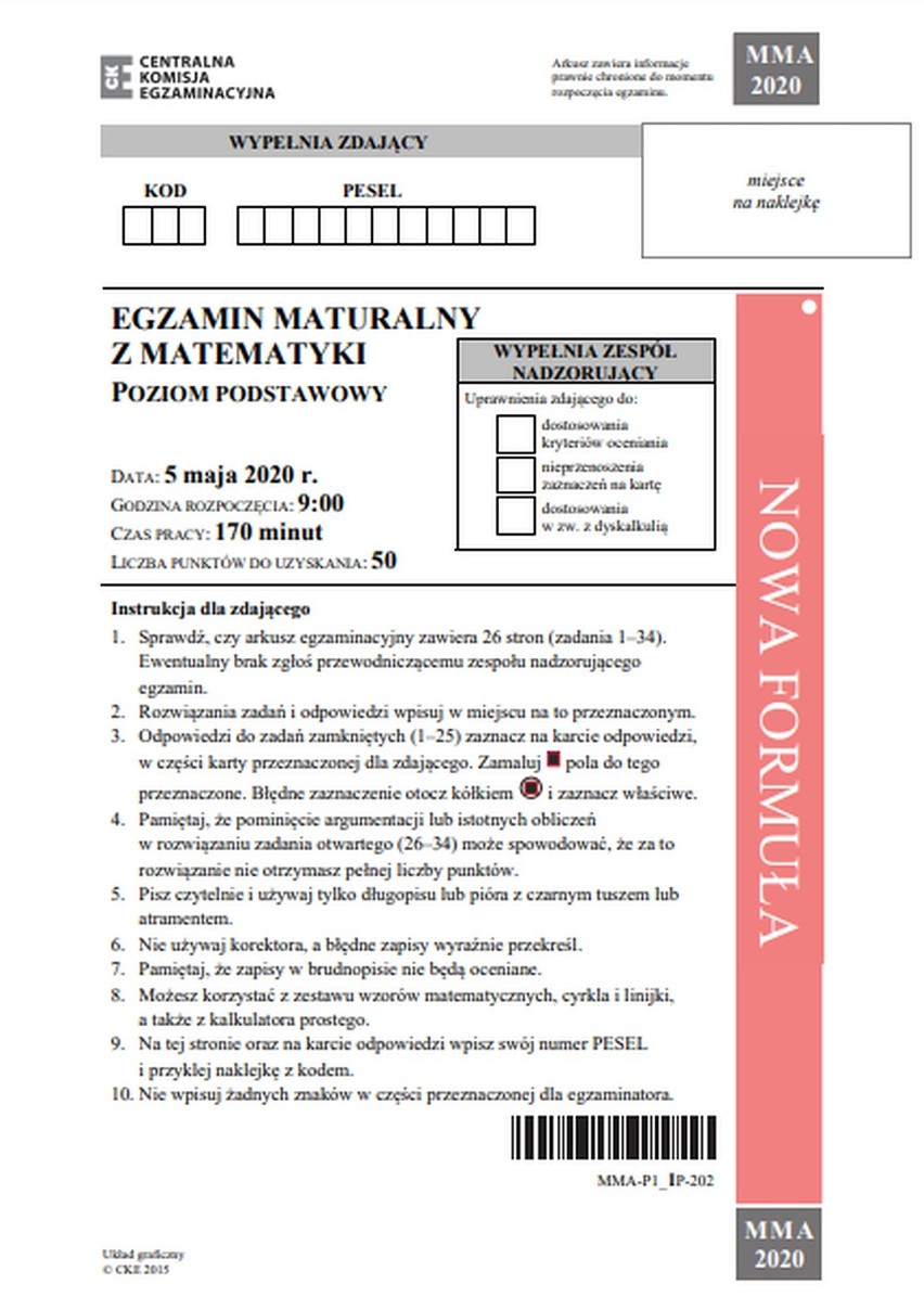 MATURA Z MATEMATYKI 2020 - POZIOM PODSTAWOWY - PEŁNY ARKUSZ...