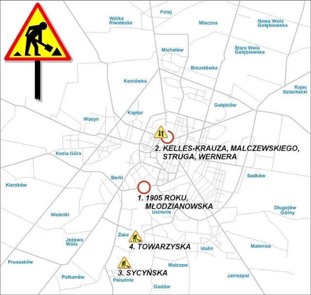 Mapa utrudnień w ruchu na ulicach Radomia.