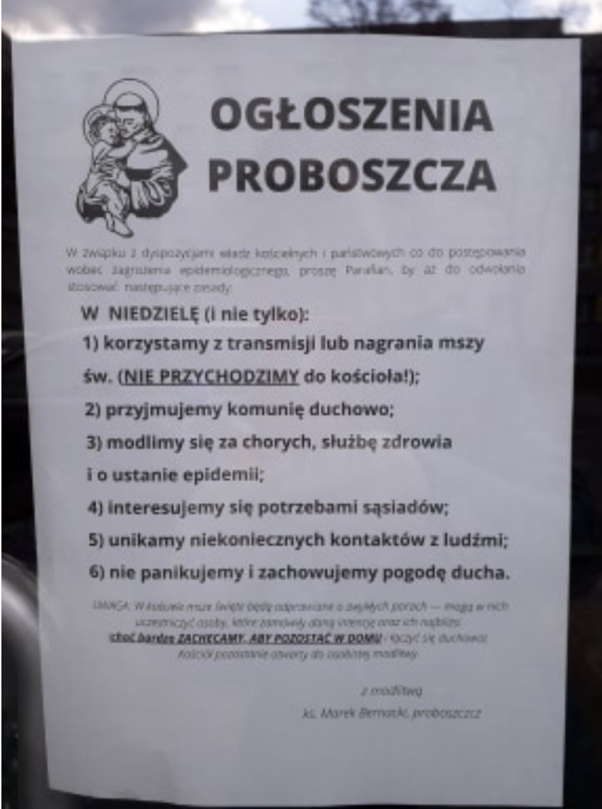 Proboszcz z Rybnika: W niedzielę nie przychodzimy do kościoła! Taki apel pojawił się na sklepach i klatkach schodowych