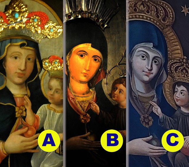 Obrazy z wizerunkiem Matki Boskiej Piekarskiej znajdujące się dzisiaj: w Piekarach Śląskich (A), w Opolu (B) i Alwerni (C)