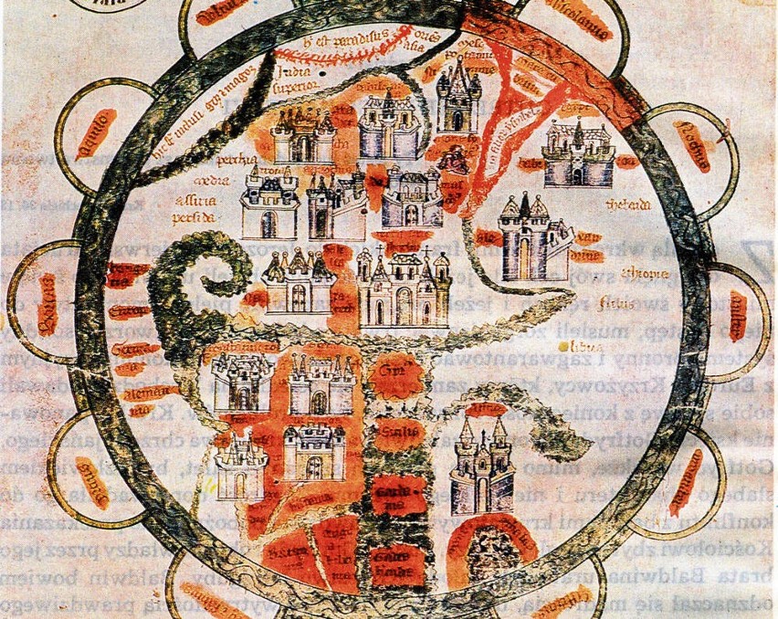 Symboliczna mapa z XII w. z Jerozolimą umieszczoną w centrum...