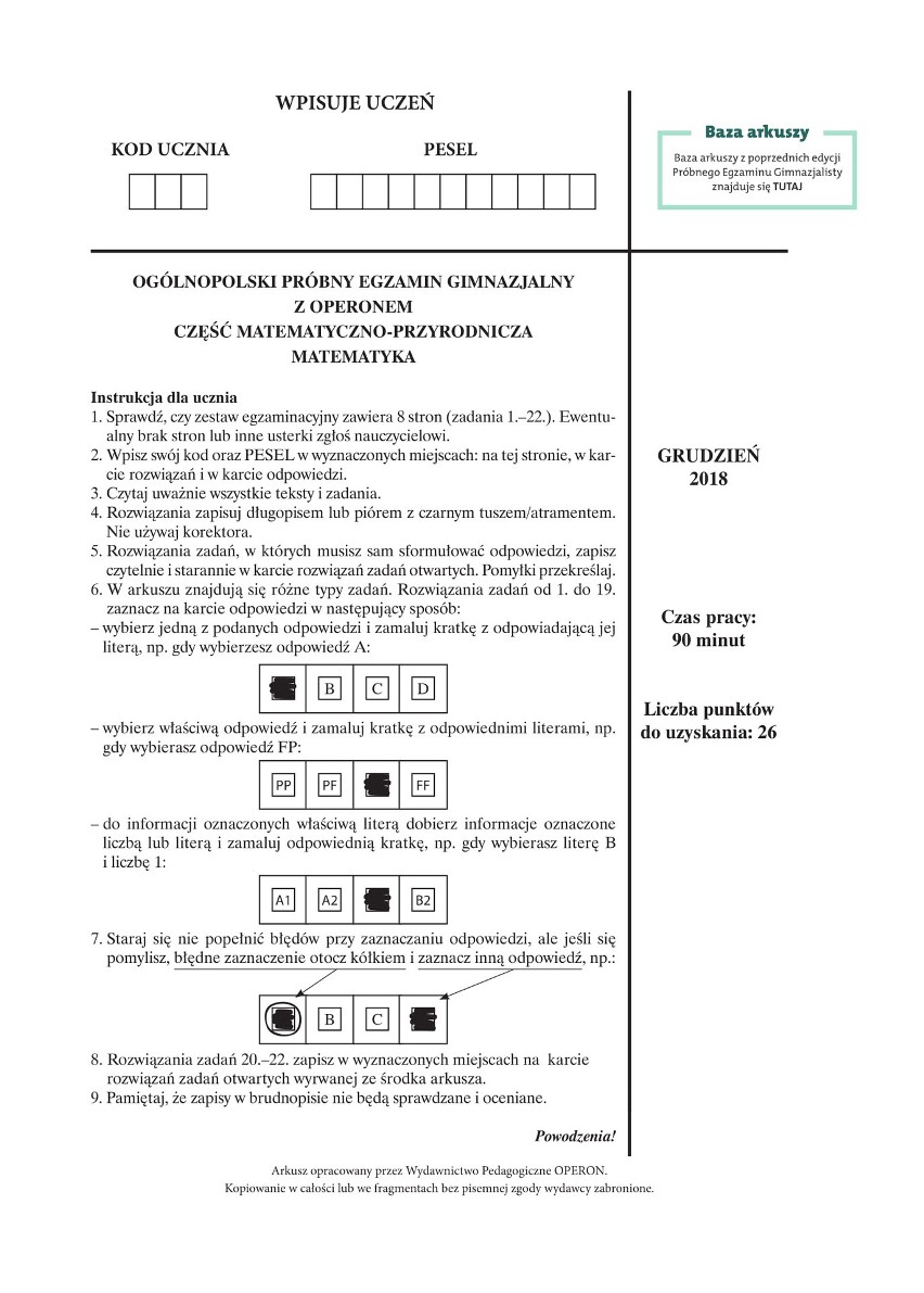 Egzamin gimnazjalny MATEMATYKA ODPOWIEDZI 11 04 2019, Arkusz CKE,  Rozwiązania, Klucz Odpowiedzi z matematyki! | Gazeta Krakowska