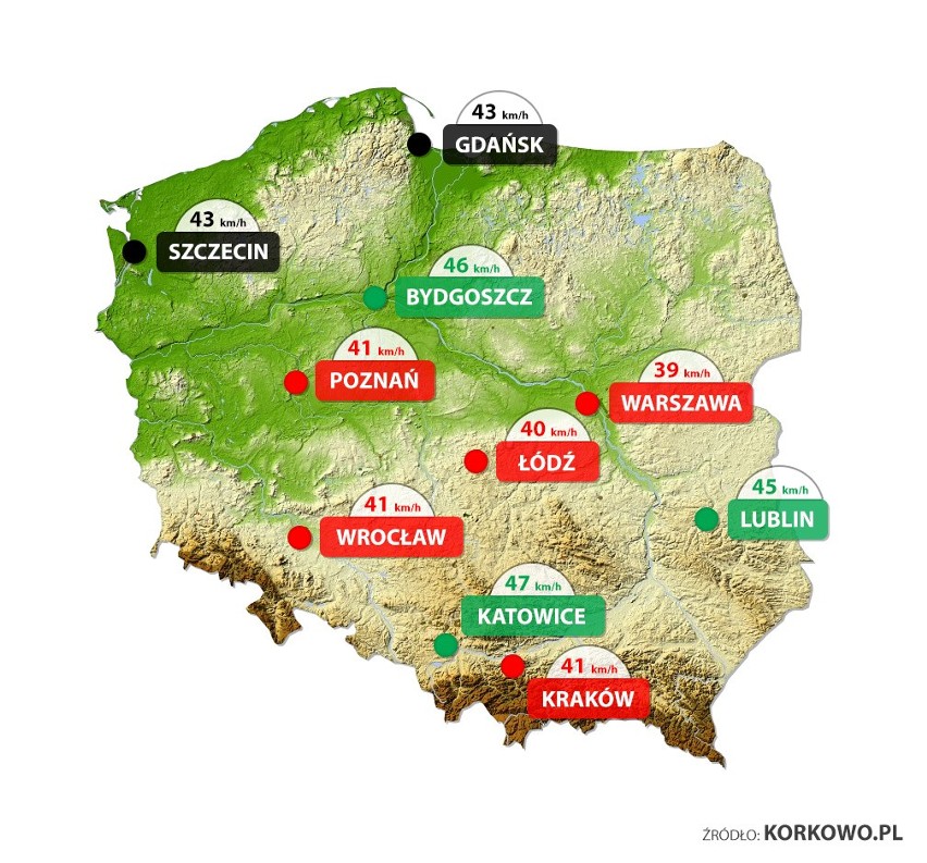 Ranking najwolniejszych miast w Polsce. Mapa przedstawiająca...