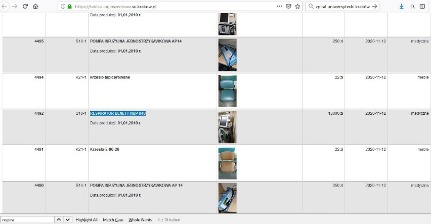 Koronawirus szaleje, a krakowski szpital wystawia na sprzedaż... respiratory. Urządzenia trafiły na licytację