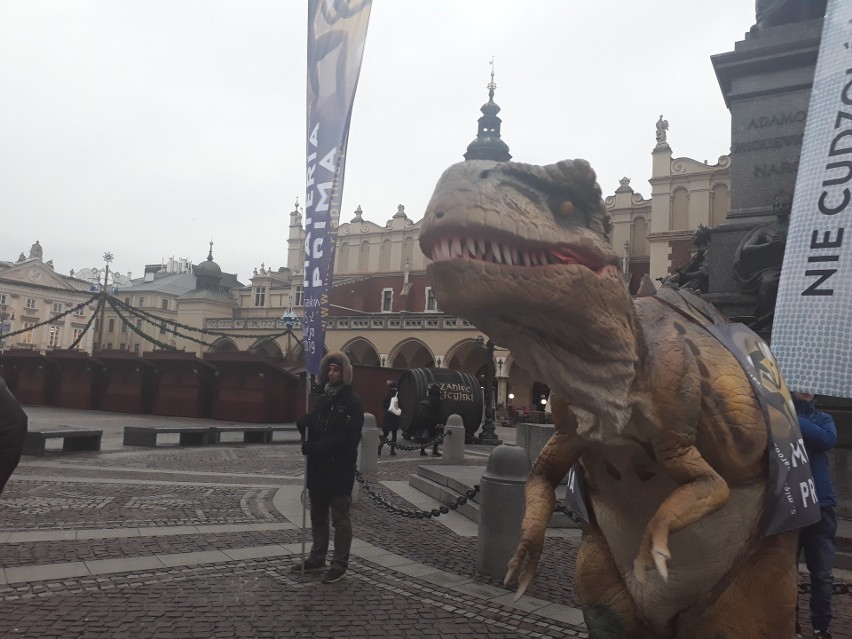 Niezwykły widok: Dinozaur maszerował po Rynku Głównym w Krakowie