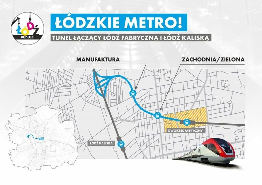 Przebieg podziemnego tunelu Łódź Fabryczna - Łódź Kaliska