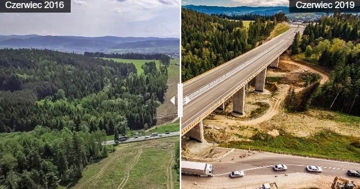 Budowa ekspresowej zakopianki. Tu gdzie teraz jest droga, trzy lata temu rósł las [PORÓWNANIE ZDJĘĆ Z 2016 i 2019 ROKU]