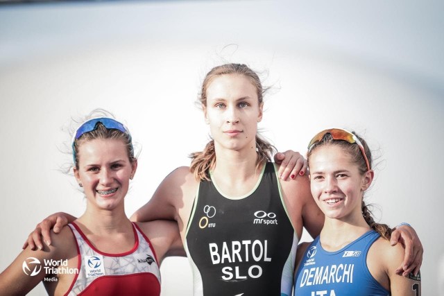 Maja Wąsik (z lewej) na podium mistrzostw świata w duathlonie 2021