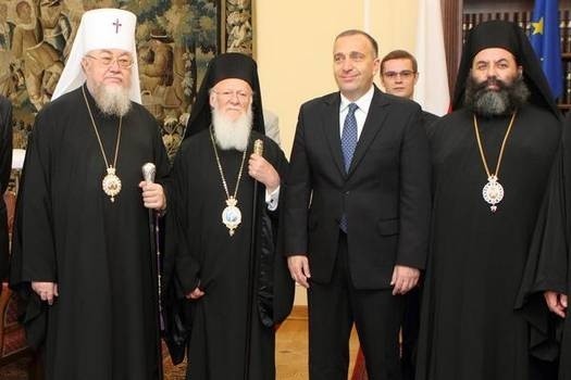 Patriarcha Bartłomiej I (drugi od lewej) na spotkaniu z Grzegorzem Schetyną