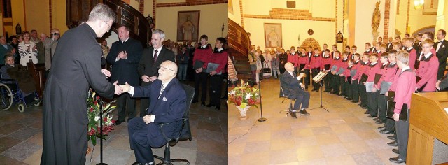 Proboszcz kościoła św. Jana z prezydentem i starostą dziękują za koncert prof. Stuligroszowi (z lewej), z prawej w pieśni na koniec koncertu, "Laudate Dominum".