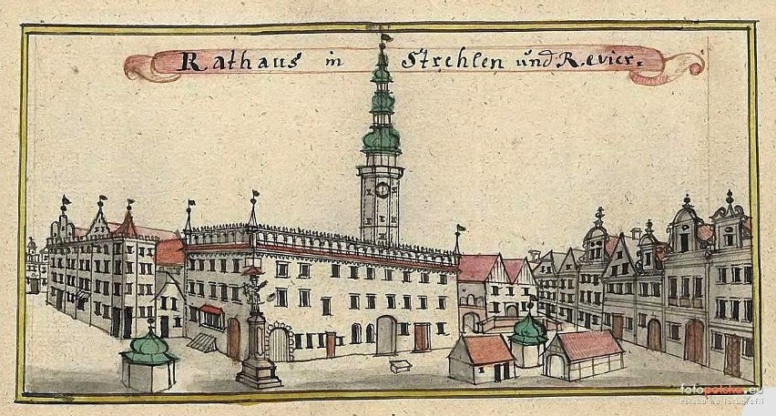 Rycina strzelińskiego ratusza z XVII wieku.
