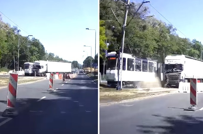 Groźna kolizja w Szczecinie. Ciężarówka uderzyła w tramwaj. ZOBACZ moment zderzenia [WIDEO]