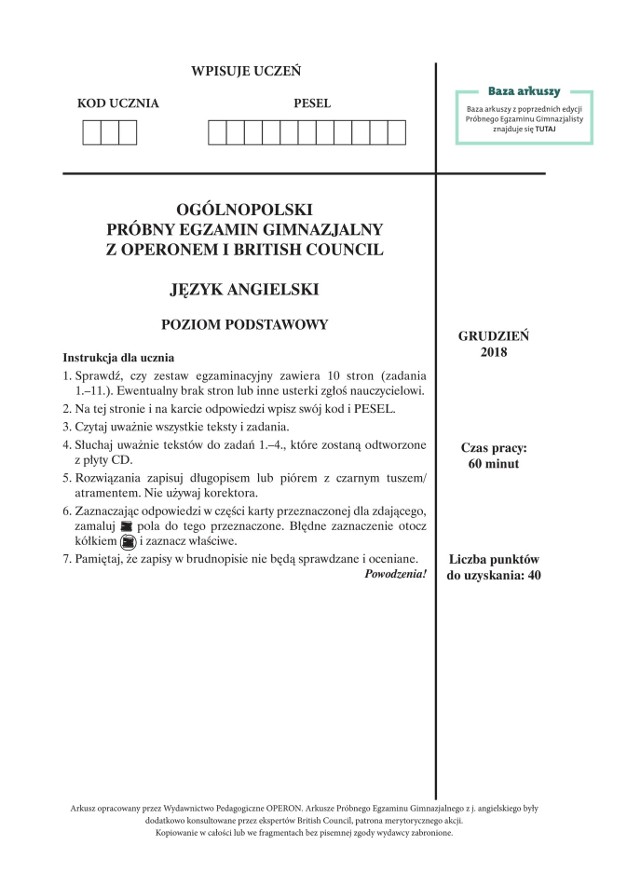 Próbny egzamin gimnazjalny 2018 OPERON: ANGIELSKI PODSTAWOWY