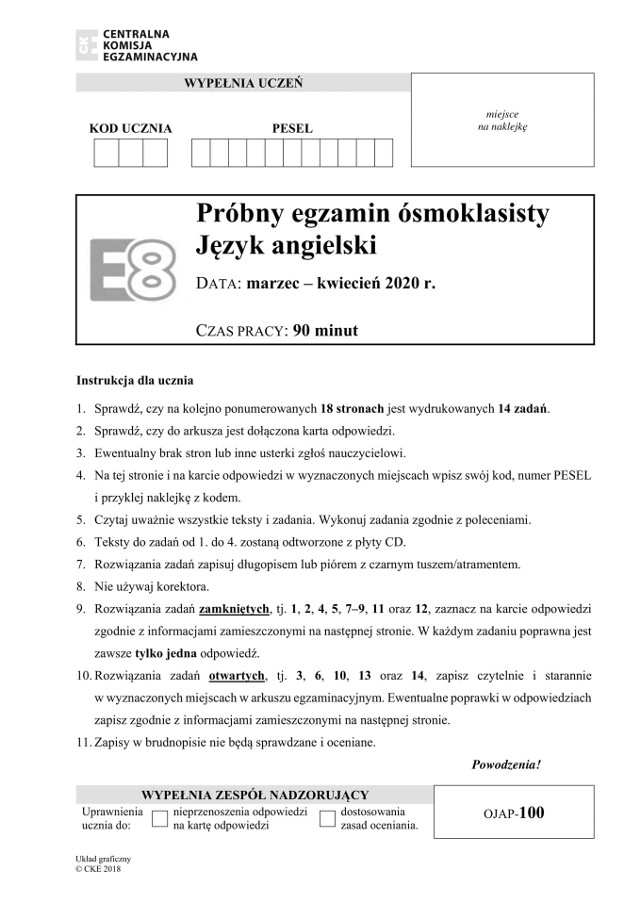 Próbny egzamin ósmoklasisty 2020 CKE j. angielski