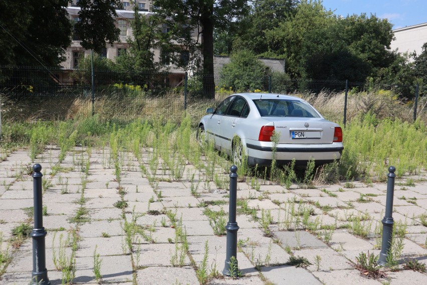 Samochód na placu Dąbrowskiego parkuje tak długo, że zdążyli go ogrodzić palikami ZDJĘCIA