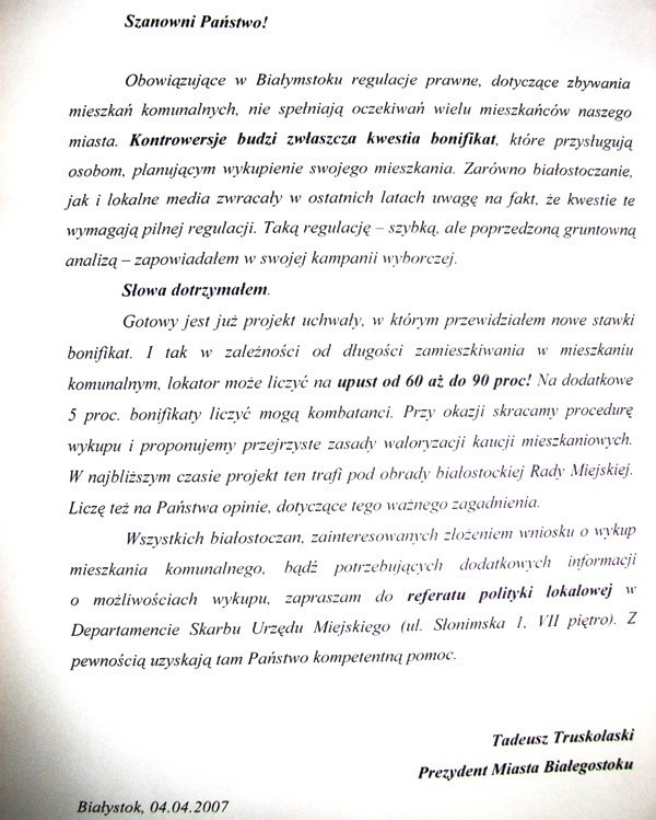 List otwarty do mieszkańców prezydenta Białegostoku